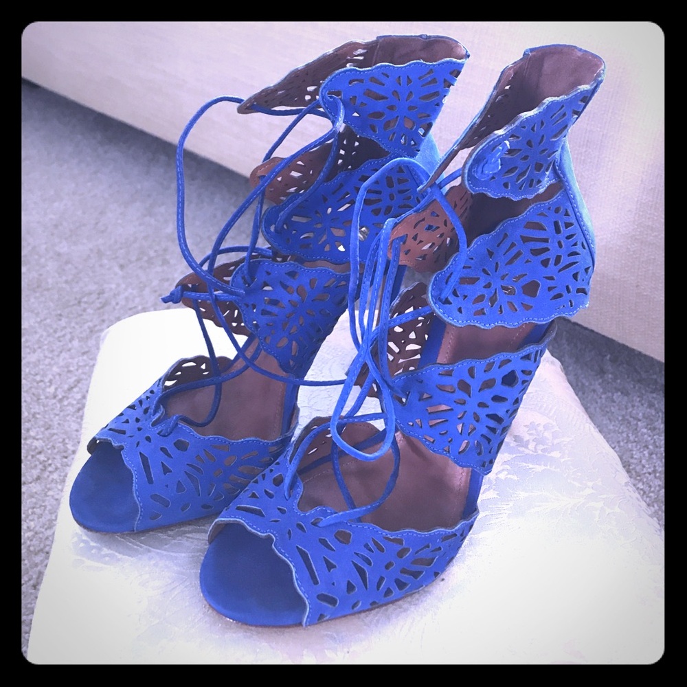 Cobalt blue lace up suede heels